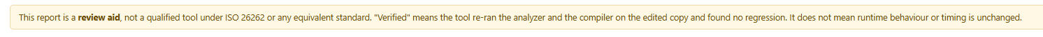 Firmlint disclaimer — this report is a review aid, not a qualified tool under ISO 26262