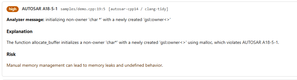 Firmlint finding — AUTOSAR A18-5-1 at demo.cpp:19:5. Analyzer message: initializing non-owner char* with a newly created gsl::owner. Explanation and risk included.
