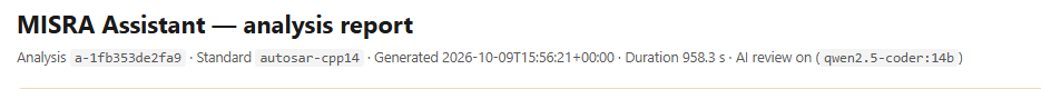 Firmlint run header — Analysis a-1fb353de2fa9, Standard autosar-cpp14, generated 2026-10-09T15:56:21+00:00, duration 958.3s, AI review on qwen2.5-coder:14b